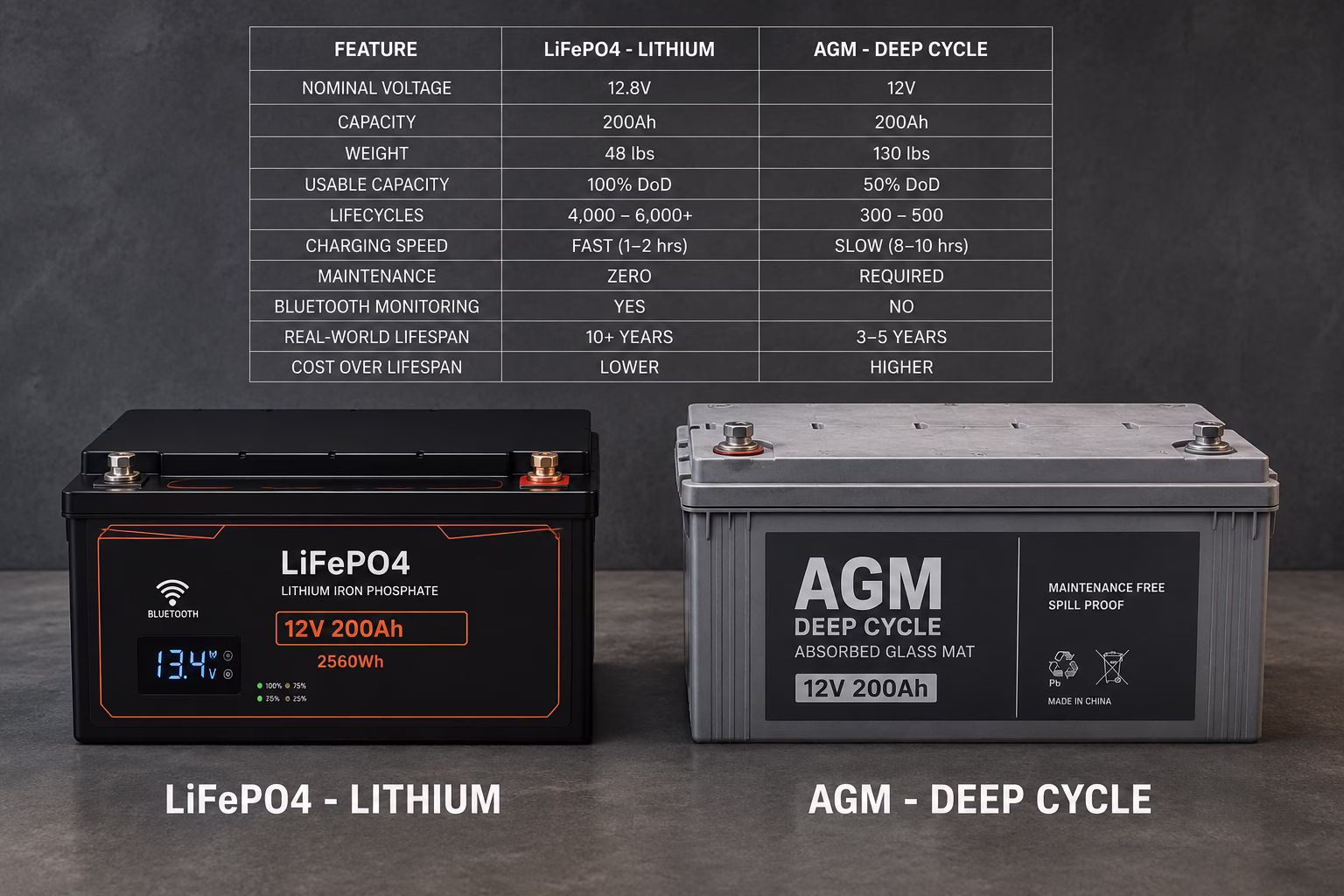 Side-by-side product shot comparison between a modern LiFePO4 lithium battery and a traditional deep cycle AGM battery for van life solar setup